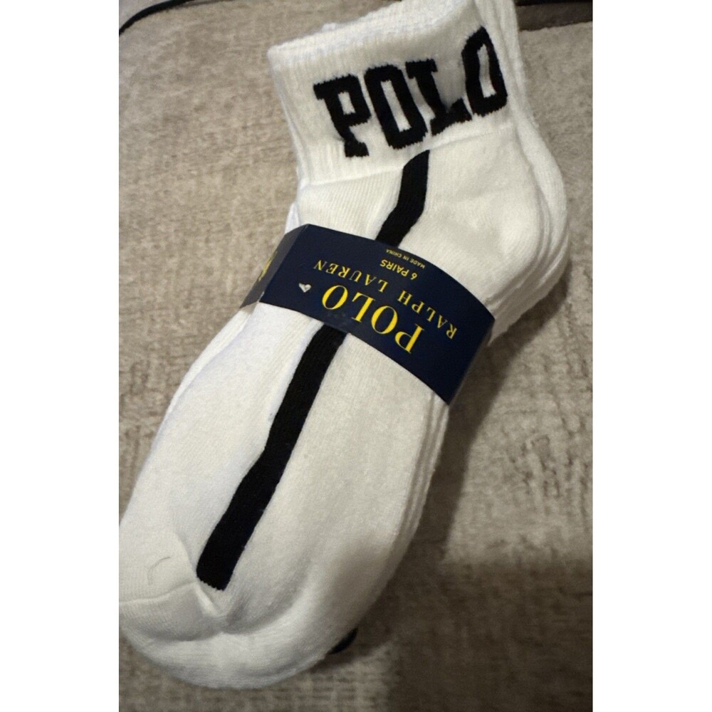 NWT 6 PAIR POLO RALPH LAUREN WOMEN ANKLE  LOGO SOCKS WHITE/ BLACK SIZE 9-11